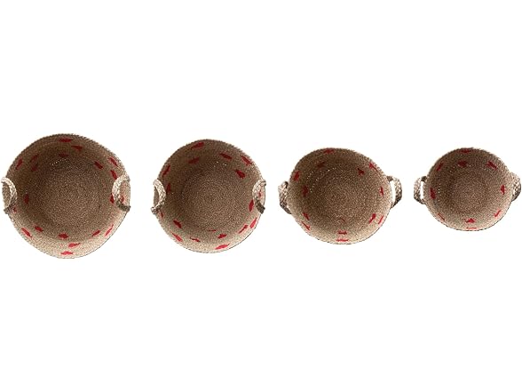Creative Co-Op 4-Piece Hand-Woven Seagrass Baskets with Embroidered Hearts and Handles, Natural and Red Finish