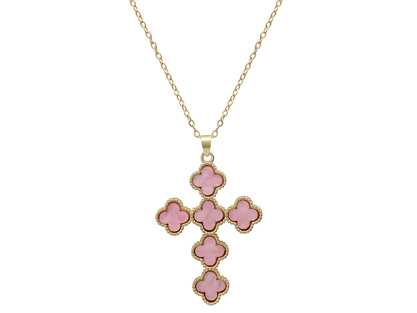Gold Plated Pink Clover Cross Pendant