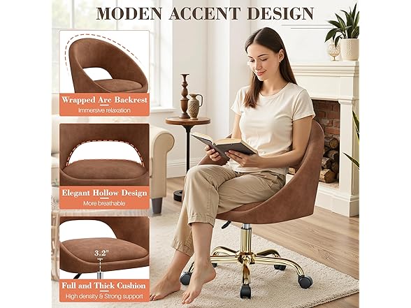 BestEra Vanity Chair with Wheels, Modern Makeup Vanity Chairs with Back Adjustable Height, Comfy Cute Home Office Desk Chairs for Bedroom, Living Room (Upgraded-Brown) (Open Box)