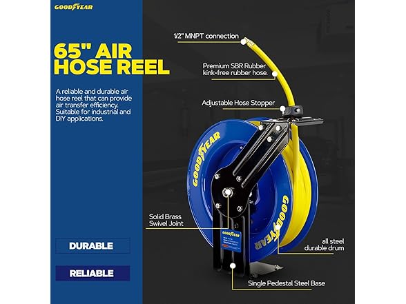 Goodyear Air Hose Reel Retractable 1/2" Inch x 65'