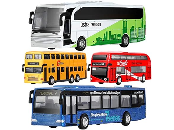 Set of 4 Kids Die-Cast Metal Toy Buses