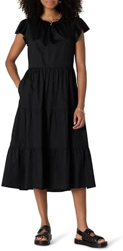 Amazon Essentials Women's Relaxed-Fit Cotton Sateen Crewneck Tiered Midi Dress, Black, Large