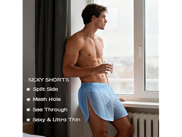 Zonbailon Men (3XL) Sexy Mesh Split Side Shorts