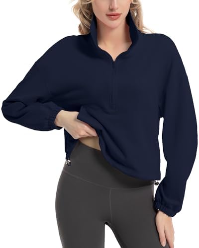 FKEEP Quarter Zip Pullover Women Cropped Sweatshirt Long Sleeve Crop Top Stand Collar Drawstring Casual Pullover Navy