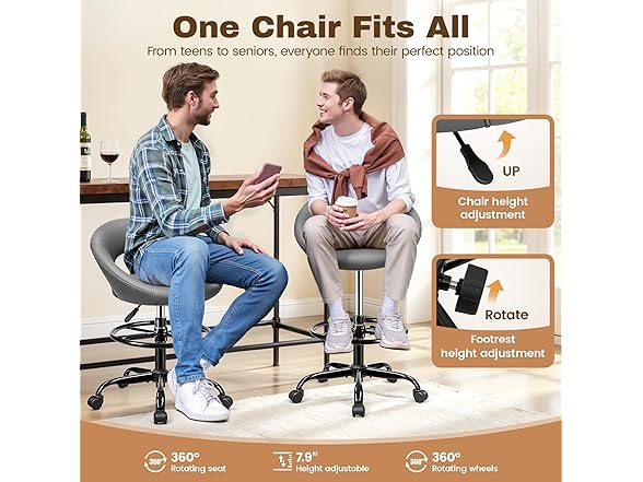 BESTFAIR Drafting Chair for Standing Desk, Height Adjustable Rolling Stool with Backrest & Footrest, Tall 360° Swivel PU Leather Stool Chair with Wheels for Office, Gray (Open Box)