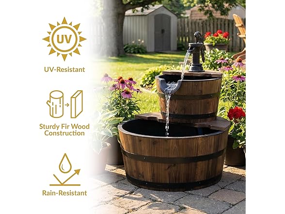 Sunnydaze 2-Tier Wood Barrel Water Fountain - 23-Inch