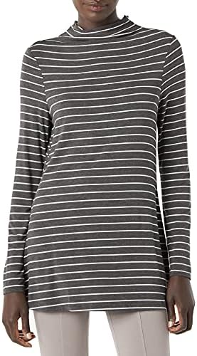 Amazon Essentials Women's Jersey Long-Sleeve Mock Neck Swing Tunic (Previously Daily Ritual), Charcoal Heather White Stripe, X-Large