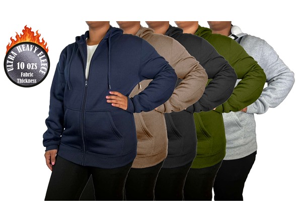 3Pk Womens Heavyweight Fleece-Lined Full Zip Hoodie