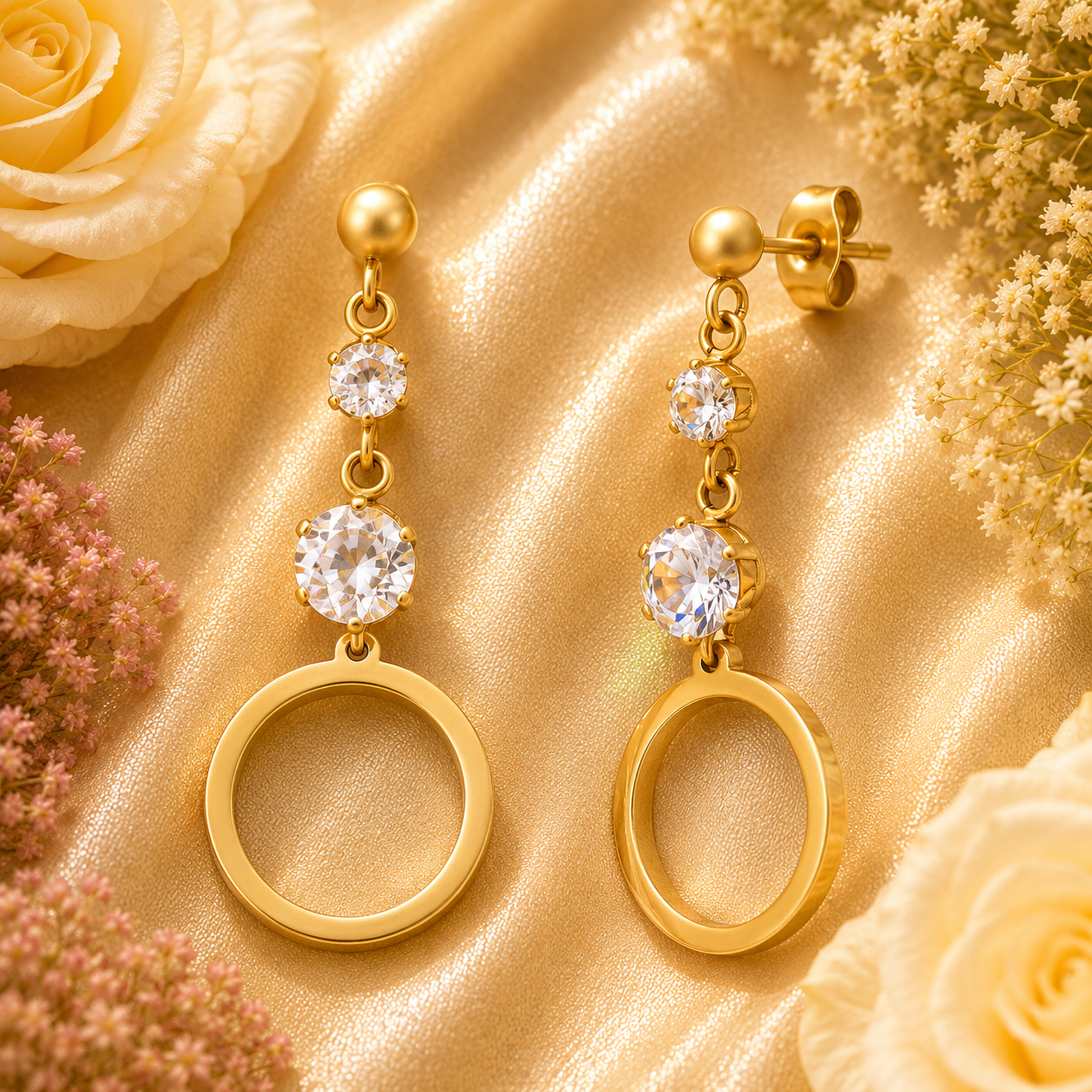 18K Gold CZ Circle Drop Earrings - Gallery 5