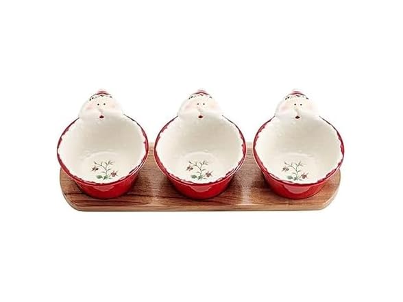 Pfaltzgraff Winterberry Santa Dip Bowls with Wood Base, Set Of 3