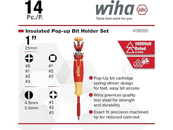 Wiha 38050 14pc Insulated Pop-up Bit Holder Set