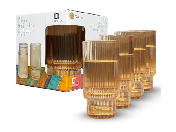 LUMINELLE Ribbed Drinking Glasses -15 oz Glass Set Of 4