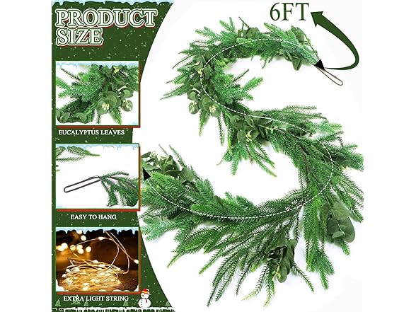 TISEMENT Norfolk Pine Eucalyptus Garlands with Light String
