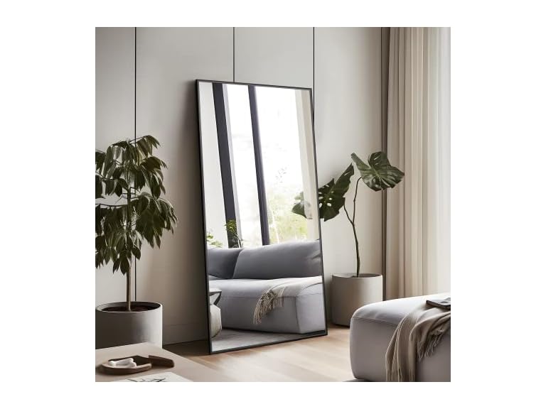NeuType Full Length Mirror Hanging or Leaning Against Wall, Large Rectangle Bedroom Mirror Floor Mirror Dressing Mirror Wall-Mounted Mirror, Aluminum Alloy Thin Frame,Black,59"x36",No Stand