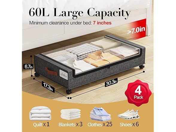 Dark Grey 4 Pck Under the Bed Storage