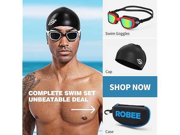 Robee Swim Goggles Cap and Case for All