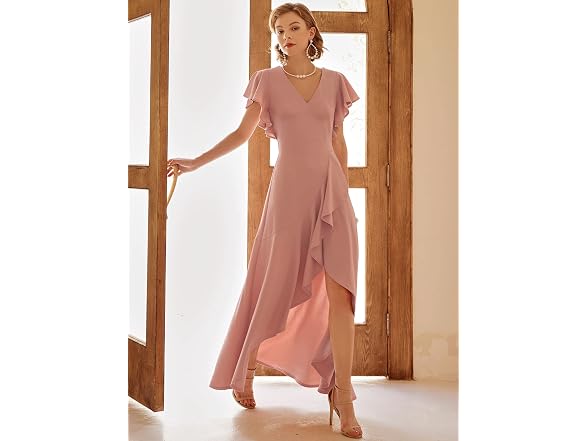 Miusol Women (M) Formal V Neck Ruffle Split Dress