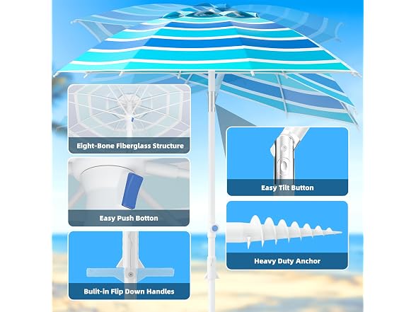 Alfolive 8FT Beach Umbrella for Sand - Gallery 3