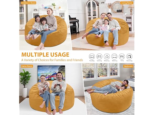 SIMFLAG 5ft Bean Bag Chair Mustard Color - Gallery 4