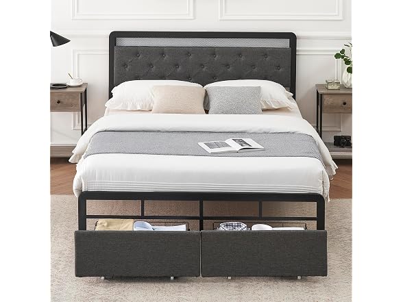 GAOMON Queen Bed w/ Drawers, LED, Grey
