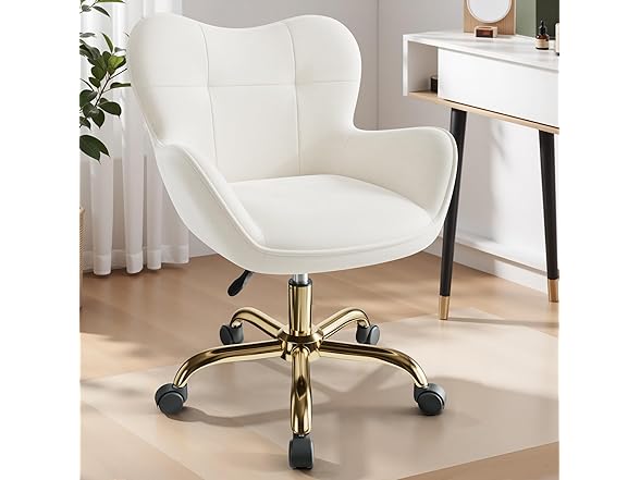 BestEra Vanity Chair with Wheels, Cute Home Office Desk Chairs Adjustable Height for Living Bedroom, Small Modern Fluffy Velvet Makeup Chair with Back for Girls (White) (Open Box)