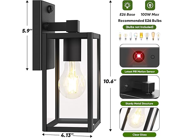 BesLowe 2-Pack Outdoor Wall Lights, Black