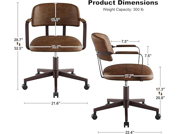 BERYTH Home Office Desk Chair, Mid-Century Modern Desk Chair with Padded Arms, Adjustable Seat Height, Mid Back 360° Small Computer Chair with Mobile Mute Wheel, PU Leather (Brown) (Open Box)
