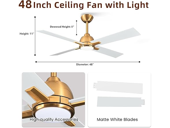 Parrot Uncle F6313110V 48" Ceiling Fan, White Gold