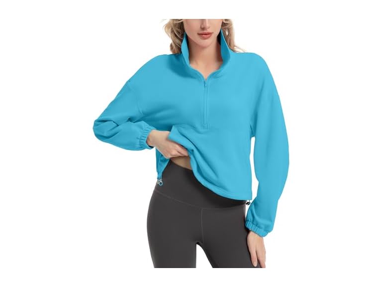 FKEEP Quarter Zip Pullover Women Cropped Sweatshirt Long Sleeve Crop Top Stand Collar Drawstring Casual Pullover zBlue L