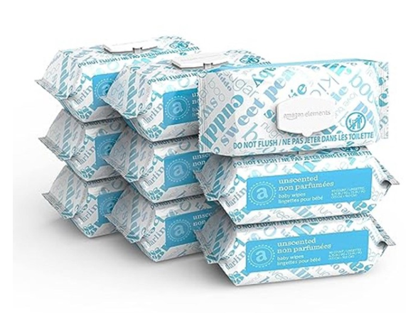 720 CT Amazon Elements Baby Wipes, Unscented, White