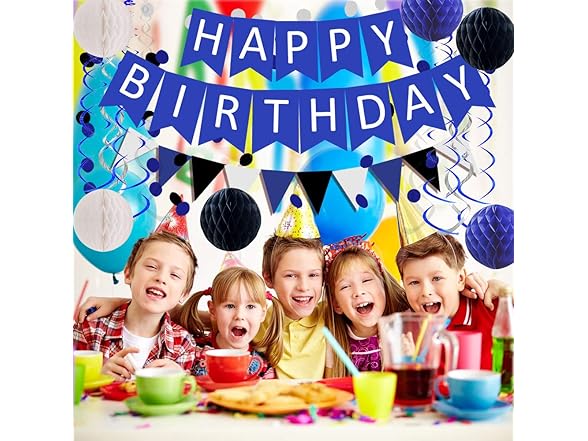 FECEDY Navy Blue White Black Happy Birthday Decor