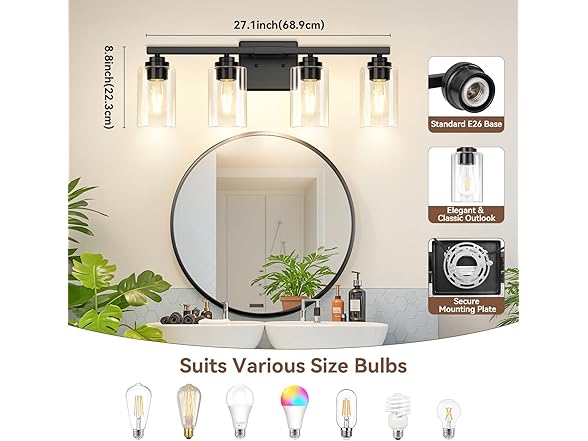 VerRon 4-Light Bathroom Light Fixtures, 27"