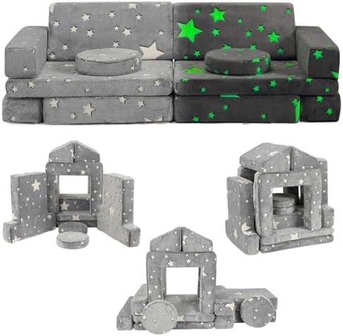 GIMMYFIVE Kids Couch Sofa 12 Pcs Modular Star Glow in The Dark, Convertible Fold Out Foam Couch for Boys and Girls, Playroom Bedroom Furniture, Grey