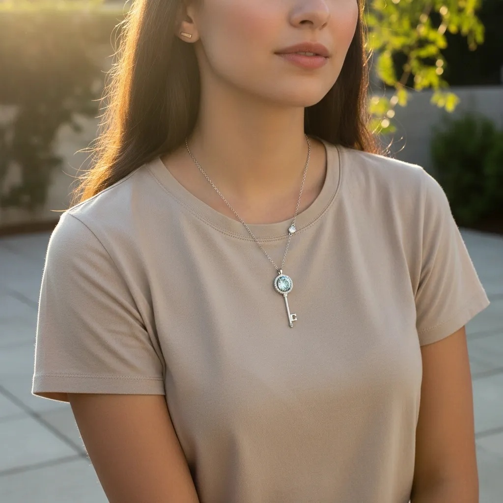 Turquoise Moissanite Key Necklace - Gallery 5