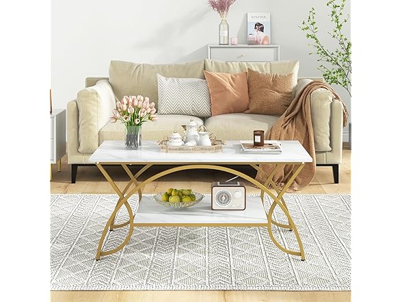COSTWAY Marble Coffee Table, 2-Tier