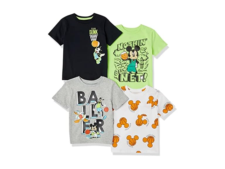 Amazon Essentials Disney | Marvel | Star Wars Boys' Short-Sleeve T-Shirts (Previously Spotted Zebra), Pack of 4, Mickey Basketball, Medium
