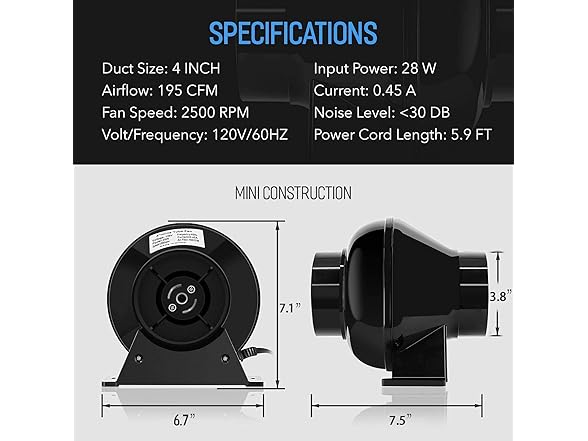 iPower 4 Inch 195 CFM Inline Fan Air Carbon Filter with Hook