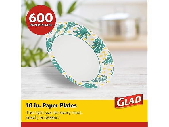 Glad Round Disposable Paper Plates, Palm Leaves,  50 Ct