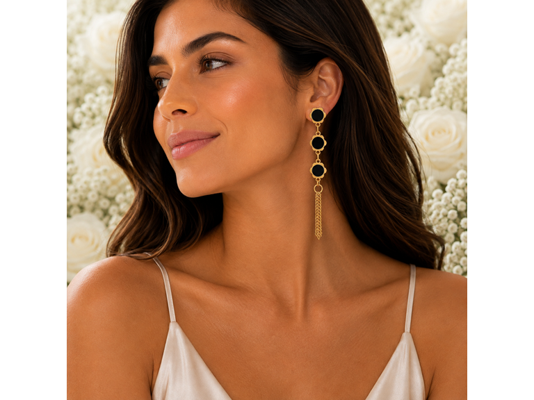 18K Gold Black Stone Tassel Earrings