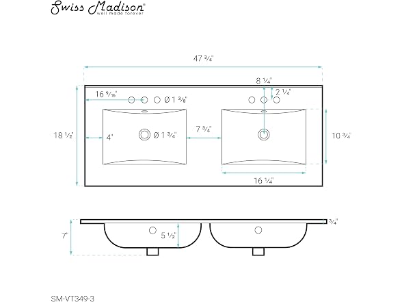 48" Ceramic Vanity Top Double Basins with 3 Holes