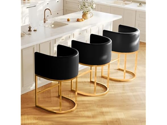 LVHOMLAX Modern Counter Height Bar Stools,Bar Stools Set of 3,PU Leather Upholstered Barrel Barstools with Backs,26'' Kitchen Island Chairs,Metal Gold Frames,Black Leather (Open Box)
