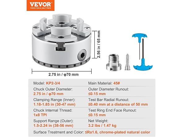 KP2-3/4 Lathe Chuck, 4-Jaw 2.75" Diameter, Metal