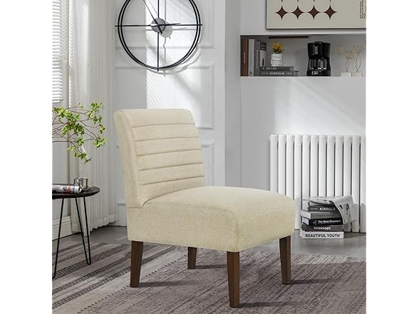 Lewahom Slipper Accent Chair Modern Armless Lounge Chair with Wood Legs Upholstered Makeup Vanity Tufted Side Chair Fabric Comfy with Decor Back for Living Room Bedroom Patio (Horizontal Back, Beige) (Open Box)