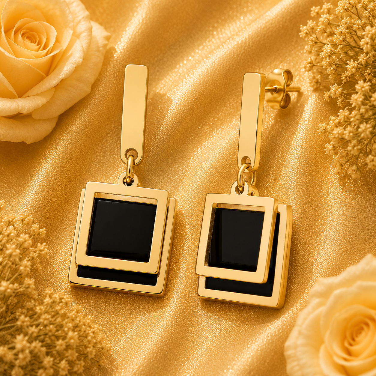 18K Gold Black Square Drop Earrings - Gallery 5