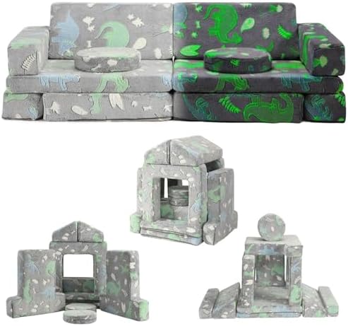 GIMMYFIVE Kids Couch Sofa 12 Pcs Modular Dinosaur Glow in The Dark, Playroom Bedroom Furniture, Convertible Fold Out Foam Couch for Boys and Girls, Grey