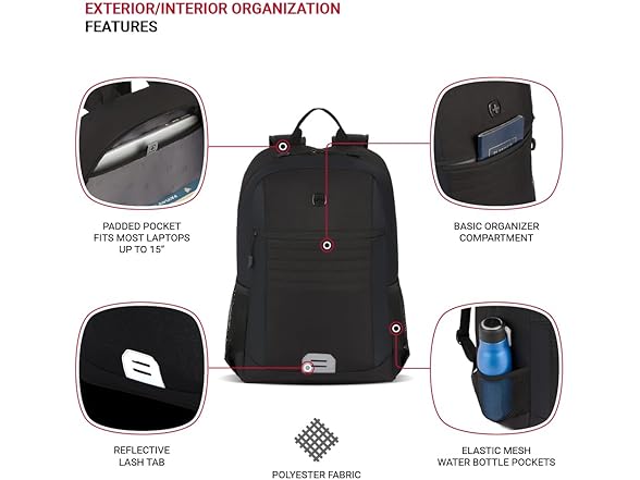 SwissGear Intro Laptop Backpack, Black, 17.5”x12”x6”