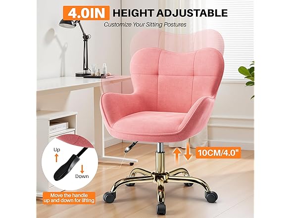 BestEra Vanity Chair with Wheels, Cute Desk Chairs Adjustable Height for Bedroom, Modern Makeup Chair with Back(Pink) (Open Box)