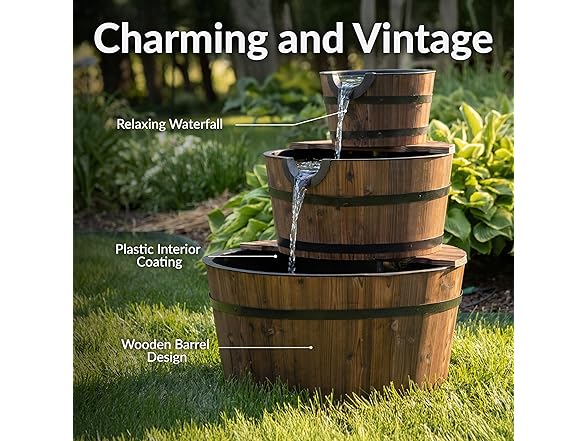 Sunnydaze 3-Tier Wood Barrel Water Fountain