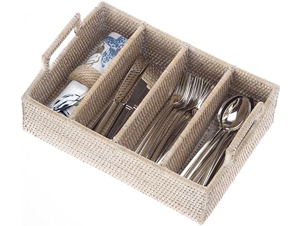KOUBOO Lo Jolla Rattan Flatware Tray, White Wash