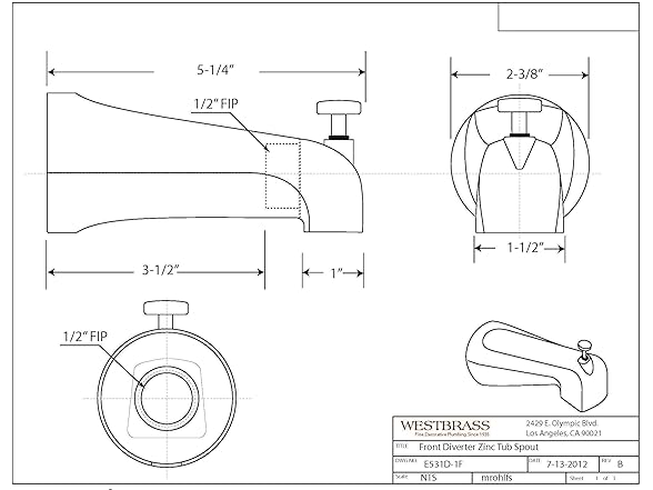 Westbrass A531D-1F-62 5-1/4" Reach Wall Mount Tub Spout